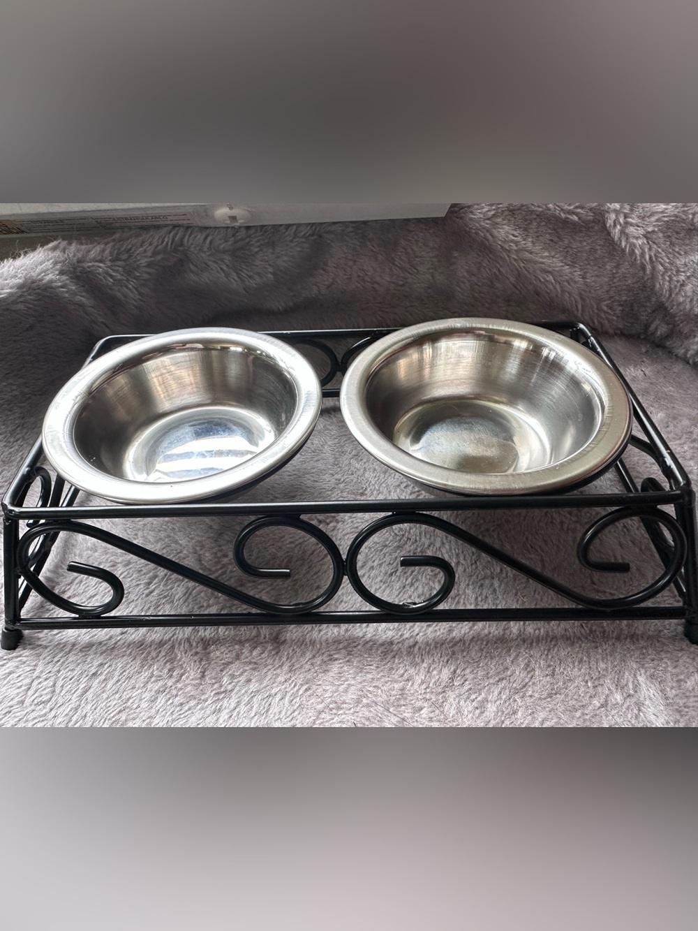 Small Raised Pet Feeder with Double Stainless Steel Bowls Black Scroll Stand